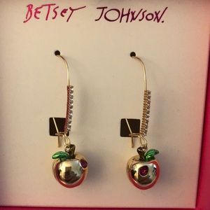Betsey Johnson Gold Tone Apple Drop Earrings Crystal Accents NIB